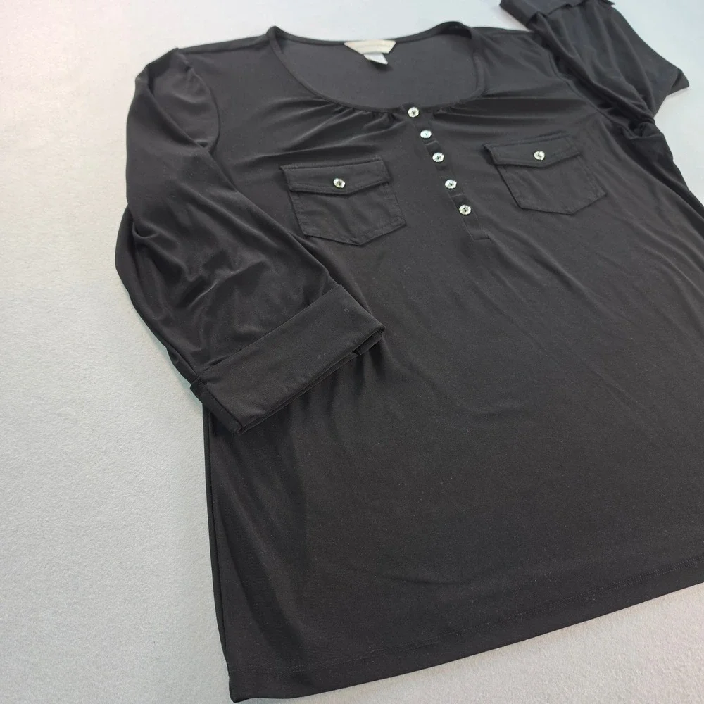 Christopher & Banks Womens XL Black 3/4 Roll Tab Sleeve Henley Blouse Knit Top